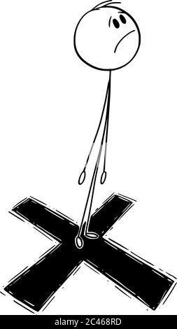 Vektor Cartoon Stick Figur Zeichnung konzeptionelle Illustration des Mannes oder Geschäftsmann stehen auf Kreuz oder große X-Marke als Ziel für das Schießen. Stock Vektor