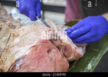 Person, die blaue Handschuhe trägt und Fleisch schneidet Stockfoto