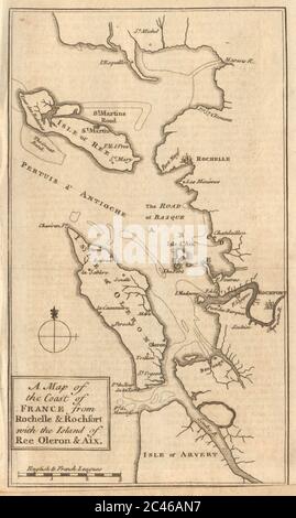 Charente-Maritime Küste. La Rochelle. Île de Ré & d'Oleron. GENTS mag 1757-Karte Stockfoto