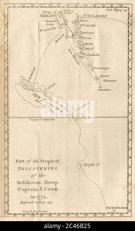 Die tropischen Entdeckungen von HMS Resolution… Neukaledonien Vanuatu. COOK 1776 MAP Stockfoto