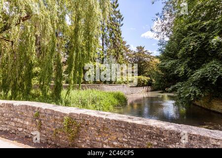 Der Fluss Coln fließt vorbei an den Gärten von Ablington Manor im Cotswold Dorf Ablington, Gloucestershire UK