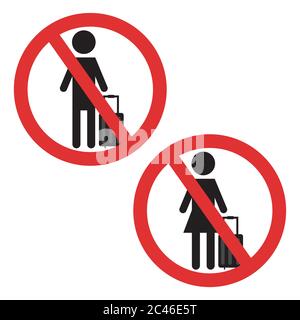 Symbol für Gepäckverbot. Mann und Frau mit Koffer gekreuzten Ban Symbol. Aufkleber für Flughafen COVID-19 Prävention Stock Vektor