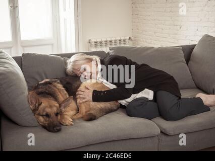 Depressive ältere alte Frau weint auf der Couch mit Haustier Hund als einzige Begleitung. Traurige und müde Witwer inmitten COVID-19 Pandemie. Coronavirus Tod, Sperrung, Stockfoto