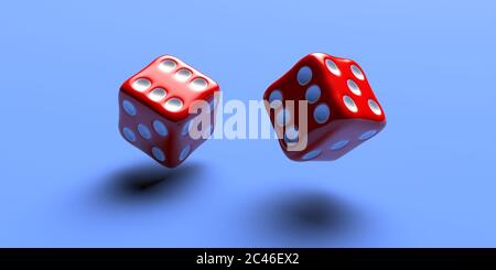 Würfel rote Farbe, zwei Fliegen über blauen Hintergrund, rollende Würfel, Glücksspiel, Glück Konzept. 3d-Illustration Stockfoto