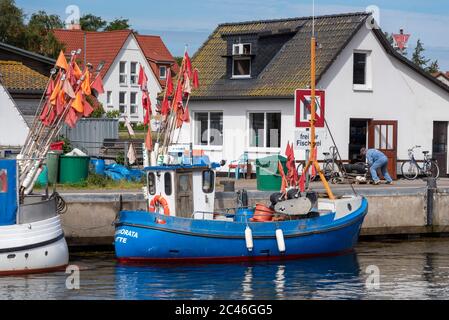 Hiddensee, Deutschland. Juni 2020. Ein blaues Fischerboot liegt im Hafen. Quelle: Stephan Schulz/dpa-Zentralbild/ZB/dpa/Alamy Live News Stockfoto