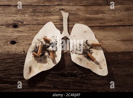 Konzeptuelles Bild von Zigaretten Stiche und Brennen auf schmutzigen Lungen isoliert auf rustikalem Hintergrund. Werbestil von Tabak und Lungenkrebs, Medical w Stockfoto