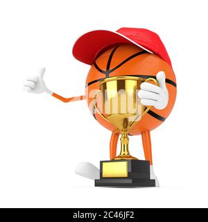 Niedliche Cartoon Spielzeug Basketball Ball Sport Maskottchen Person Charakter mit Golden Trophy auf weißem Hintergrund. 3d-Rendering Stockfoto