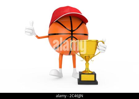 Niedliche Cartoon Spielzeug Basketball Ball Sport Maskottchen Person Charakter mit Golden Trophy auf weißem Hintergrund. 3d-Rendering Stockfoto