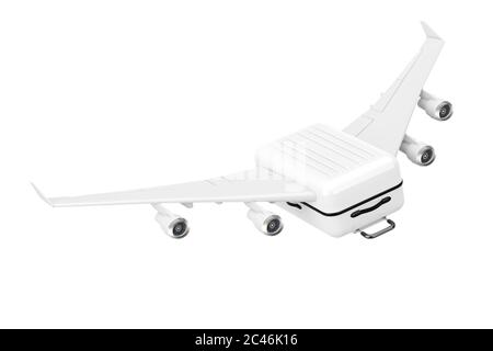 Reisekonzept. Großer weißer Polycarbonat Koffer mit Flugzeug Flügeln Fliegen zur Berufung auf weißem Hintergrund. 3d-Rendering Stockfoto