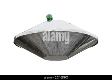 Metall UFO Alien Raumschiff mit Green Alien Person Kopf auf weißem Hintergrund Stockfoto