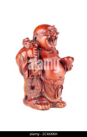 Feng Shui Budai Buddha Statuette, Pu-Tai oder Happy Laching Hotei für Geld und Reichtum auf weißem Hintergrund Stockfoto