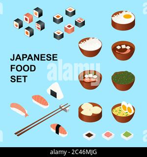 Japanische Lebensmittel-Set isoliert auf blauem Hintergrund. Symbole der asiatischen traditionellen Menü Vektor-Illustration. Isometrisches Sushi und asiatische Suppe Stock Vektor