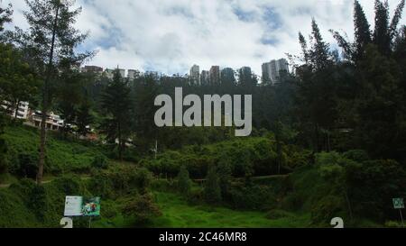 Guapulo, Pichincha / Ecuador - Juni 11 2016: Gebäude der Gonzalez Suarez Avenue in der Stadt Quito vom Park von Guapulo aus gesehen Stockfoto