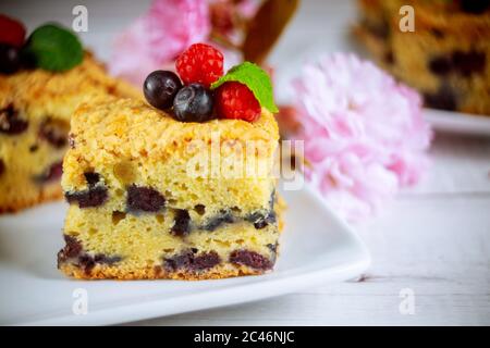 Stück Heidelbeer-Sauerrahm-Kuchen mit frischen Beeren auf Teller auf weißem Hintergrund. Stockfoto
