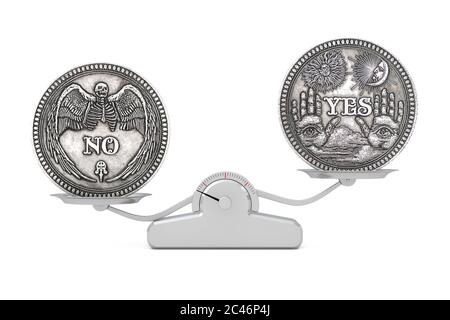 Vintage Silber Flipping Münze mit Ja und Nein Wort für die richtige Wahl, Gelegenheit, Glück oder Entscheidung im Leben balancieren auf einem einfachen Balance SC Stockfoto