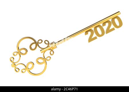 Golden Vintage Key mit 2020 Jahre Zeichen auf weißem Hintergrund. 3d-Rendering Stockfoto
