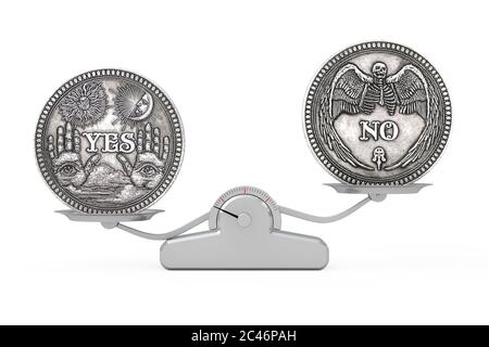 Vintage Silber Flipping Münze mit Ja und Nein Wort für die richtige Wahl, Gelegenheit, Glück oder Entscheidung im Leben balancieren auf einem einfachen Balance SC Stockfoto