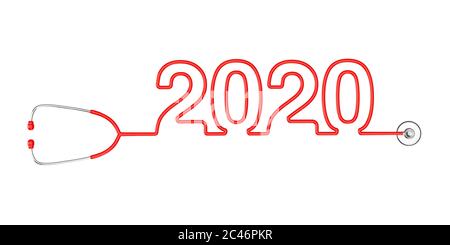 Rote Stethoskop-Schläuche bilden neues 2020-Jahres-Zeichen auf weißem Hintergrund. 3d-Rendering Stockfoto