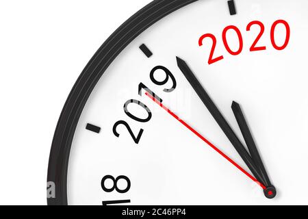 Das Jahr 2020 rückt näher. 2020 Zeichen mit Uhr auf weißem Hintergrund. 3d-Rendering Stockfoto