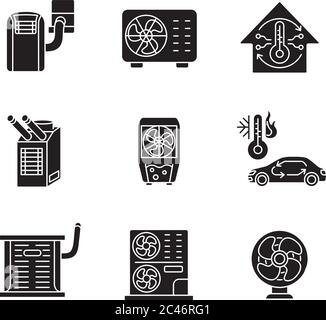 Schwarze Glyphen für Luftkühlung und Heizung auf weißem Raum eingestellt Stock Vektor