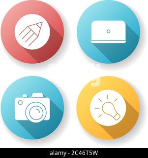 Fotograf Arbeit Elemente flach Design lange Schatten Glyphe Symbole gesetzt Stock Vektor