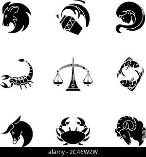 Astrologie Zeichen schwarze Glyphen-Symbole auf weißem Raum gesetzt Stock Vektor
