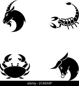 Astrologische Zeichen schwarze Glyphen-Symbole auf weißem Raum gesetzt Stock Vektor