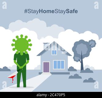 Bleiben Sie zu Hause und sicher, Corona Virus (Covid 19) wartet draußen mit Messer-Vektor-Design Stock Vektor