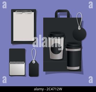 Mockup Tasche Tassen und Etiketten Design von Corporate Identity Vorlage und Branding Thema Vektor Illustration Stock Vektor