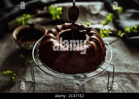 Schokolade gebundener Kuchen Frühling Stillleben. Ein Löffel mit fließender Schokoladeneisung. Junge grüne Blätter herum, eine Schüssel mit geschmolzenem Zuckerguss. Grau und Beige Stockfoto
