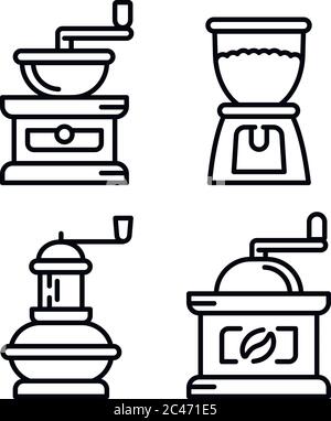 Die Symbole für die Kaffeemühle sind festgelegt. Umreißende Vektorsymbole für die Kaffeemühle für Web-Design, isoliert auf weißem Hintergrund Stock Vektor