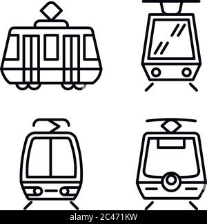 Straßenbahn-Auto-Symbole gesetzt. Umrisse von Tram-Car-Vektorsymbolen für Web-Design isoliert auf weißem Hintergrund Stock Vektor