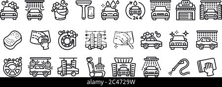 Symbole für Autowäsche gesetzt. Umriss Satz von Auto waschen Vektor-Symbole für Web-Design isoliert auf weißem Hintergrund Stock Vektor