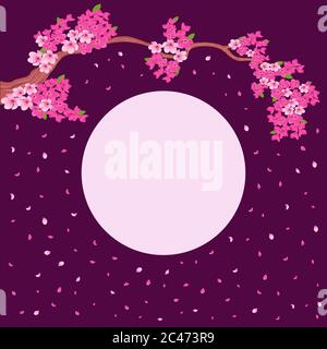 Postkarte mit blühenden Sakura-Zweigen mit zarten rosa Blüten auf einem magentafarbenen Hintergrund mit Platz für Ihren Text, Handzeichnung Vektor-Illustration Stock Vektor