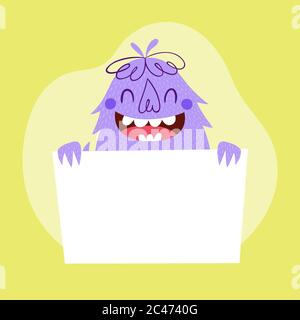 Lustiges Monster hinter einer leeren Karte. Cartoon Retro-Stil Charakter in lila Farbe, mit einem breiten Lächeln. Vektorgrafik, perfekt für Grußkarten, Stock Vektor