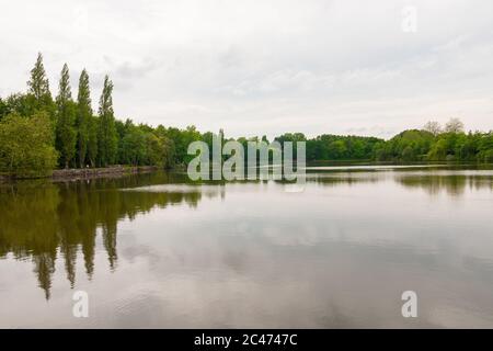 Schöner See während der Herbstsaison, Flers, Normandie, Frankreich. Grünes Laub im Hintergrund, das sich im Wasser spiegelt. Wolkiger Tag im Park. Stockfoto