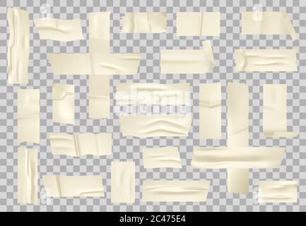 Klebeband auf Papier. Klebrige Stück Papier, Klebestreifen und Streifen isoliert Stockfoto