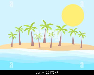 Palmen am Ufer eines tropischen Strandes. Landschaft mit Palmen, Meereswellen und Sonne. Vektorgrafik Stock Vektor
