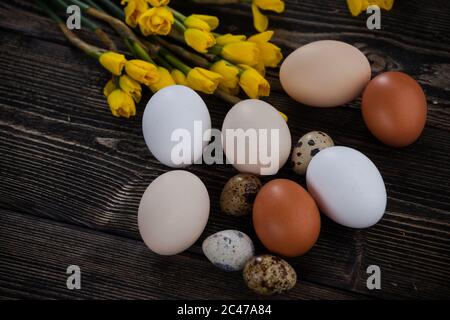 Hühnereier weiß und braun. Eier in Stroh, auf einem hölzernen Hintergrund Stockfoto