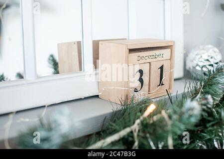 Holzkalender mit der Inschrift Dezember 31 Stockfoto