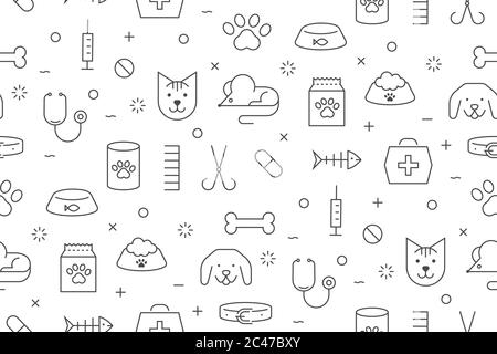Tierhandlung, Arten von Haustieren. Mustersatz von flachen Vektorsymbolen mit einer dünnen Linie. Stock Vektor