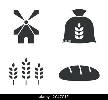 Bakery Icon Set Sammlung: Getreide, Mühle, Mehl, Brot. Schwarz-Weiß-Vektorgrafik. Stock Vektor
