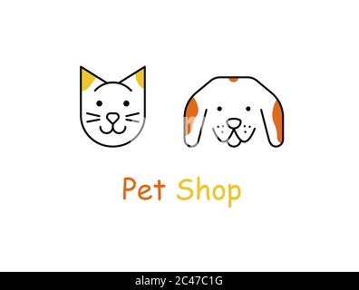 Vektor Umriss Illustration von niedlichen Schnauze der Katze und lächelnd Hund. Design-Vorlage für Logo-Symbole. Trendige Konzept für Tierhandlung oder Tierarzt. Stock Vektor