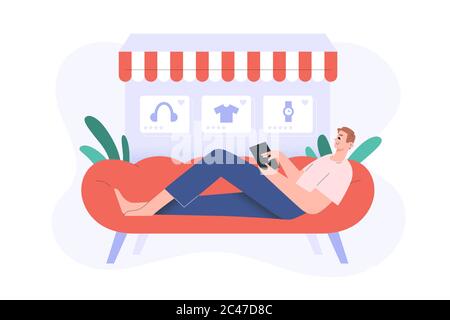 Online-Shopping, Kerl auf der Couch liegen Surfen Internet, so dass Kauf, E-Shopping, E-Commerce-Konzept, Vektor-Cartoon-Illustration. Zufriedener Kunde Stock Vektor
