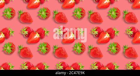 Buntes Erdbeermuster auf rosa Hintergrund. Draufsicht. Nahtlos. Stockfoto