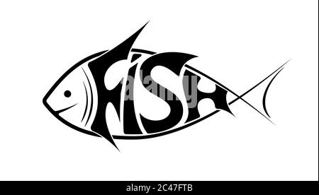 Das Logo oder Emblem des Wortes Fisch in Form von Fisch. Schwarz auf Weiß. Es schwebt nach links. Stock Vektor