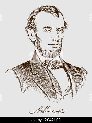 Historisches Porträt und Unterschrift des amerikanischen Präsidenten Abraham Lincoln. Illustration nach einem Stich aus dem 19. Jahrhundert Stock Vektor