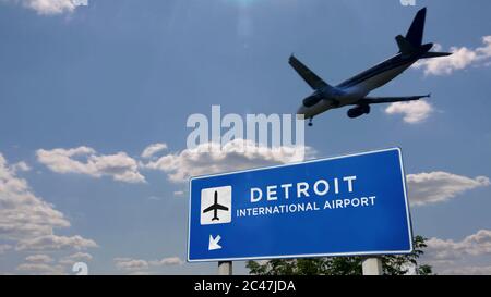 Flugzeug Silhouette Landung in Detroit, Metro, DTW, Michigan, USA. Stadteinkunft mit internationalem Flughafen Richtung Schild und blauem Himmel in backgro Stockfoto