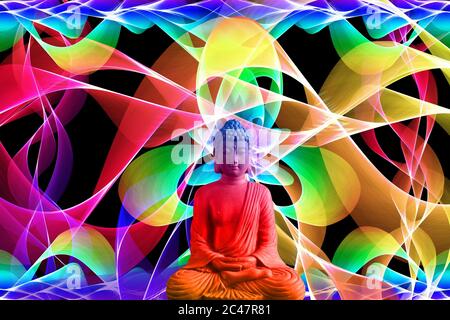 3D rendering illustration of Buddha statue with colorful digital background Stockfoto