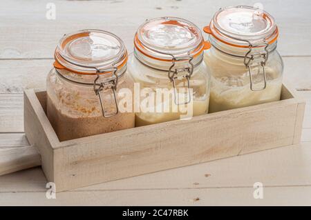 Drei quadratische Gläser Kilner mit Sauerteig-Brotvorspeisen aus dunklem Roggen, kräftigem Weiß und glutenfreiem Mehl. Stockfoto